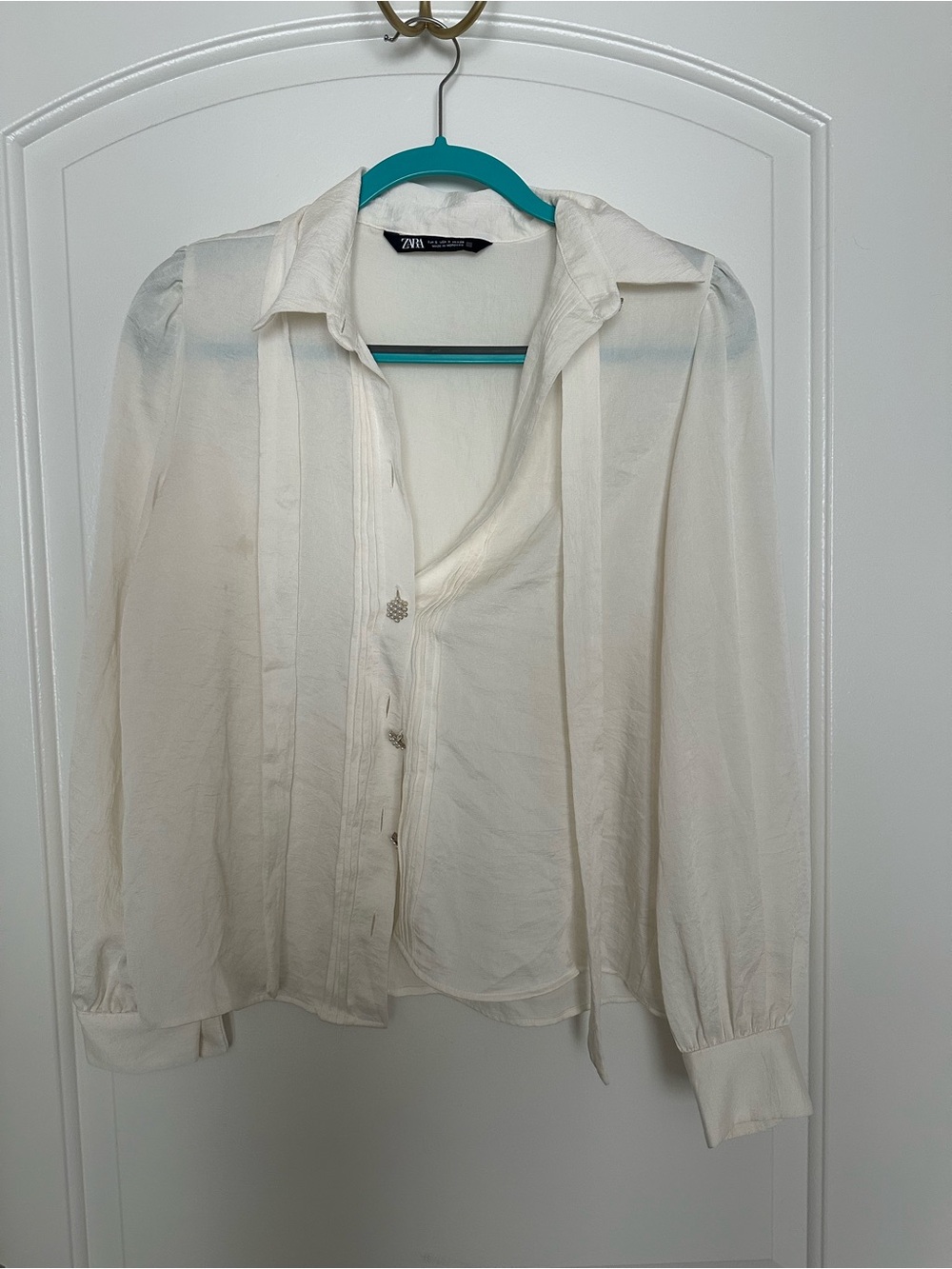 Zara Cream Sheer Pintuck Button Blouse